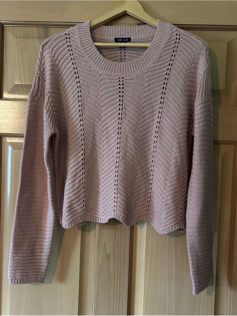 UK2LA Pink Pointelle Knit Crop Sweater Long Sleeve Boho Y2K Drop Shoulder